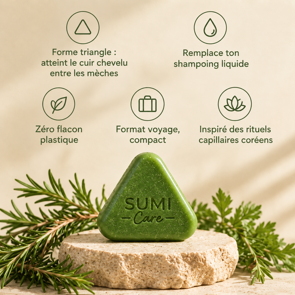 Savon coréen triangle SUMI Care, soin solide pour cuir chevelu et cheveux
