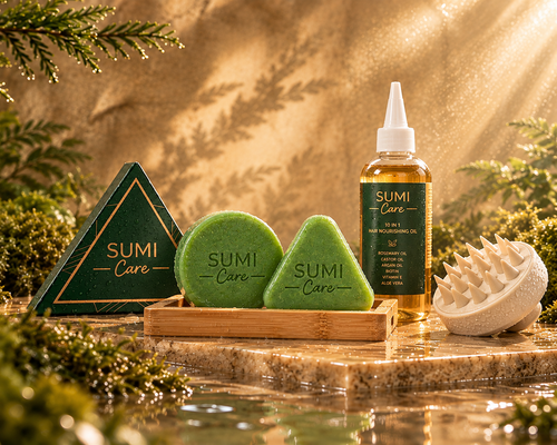 Coffret Rituel Complet SUMI Care : savon triangle, savon rond, huile 10 en 1, brosse et porte-savon bambou